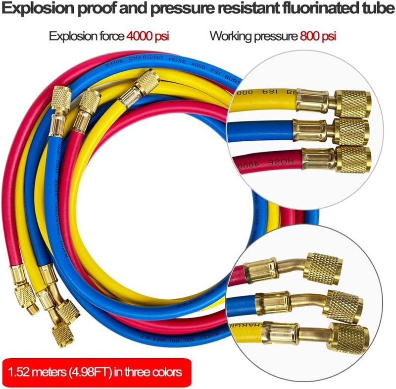 Bocarmo 5FT AC Diagnostic Manifold Freon Gauge Set for R410A R404A R22 R134a R12 R22 R502, Refrigerant AC House Air Condition HVAC 60" - Image 4